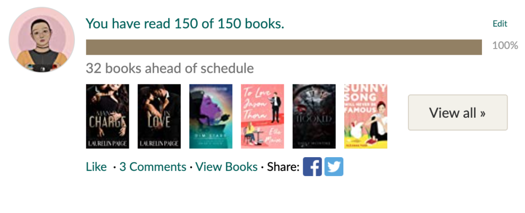 Screenshot of Goodreads Reading Challenge: You have read 150 of 150 books.